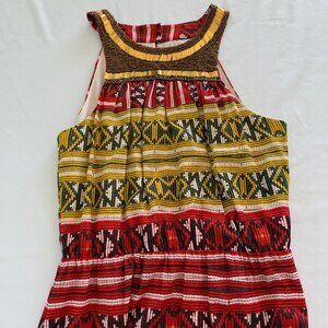 Cremieux Aztec Print Maxi Dress Bronze Beaded Collar Size S